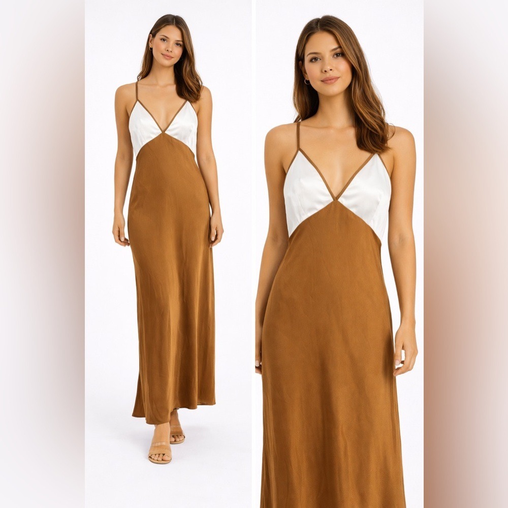 Abercrombie & Fitch Brown Cream Colorblock Satin Maxi Slip Dress MT Tall